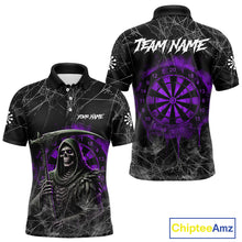 Load image into Gallery viewer, Black And Purple Smoke Grim Reaper Funny Dart Shirts For Men Custom Dart Jerseys, Darts Clothing TDM4006