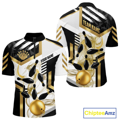 Custom Smoke Bowling Pins Polo & Quarter Zip Shirt For Men, Bowling League Team Jersey |Gold TDM6521