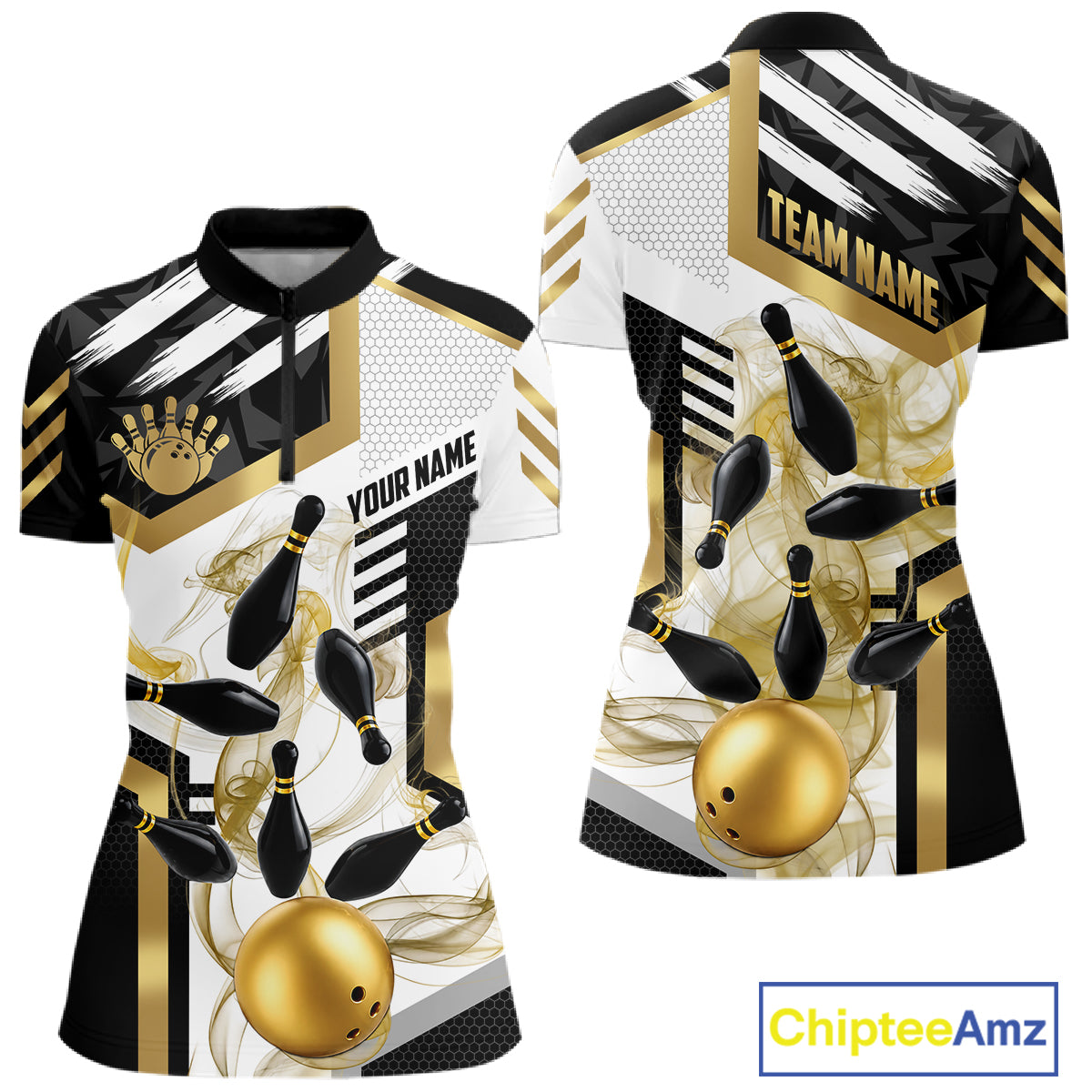 Custom Smoke Bowling Pins Polo & Quarter Zip Shirt For Women, Bowling League Team Jersey |Gold TDM6521