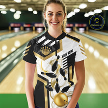 Load image into Gallery viewer, Custom Smoke Bowling Pins Polo &amp; Quarter Zip Shirt For Women, Bowling League Team Jersey |Gold TDM6521