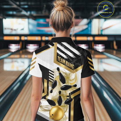 Custom Smoke Bowling Pins Polo & Quarter Zip Shirt For Women, Bowling League Team Jersey |Gold TDM6521