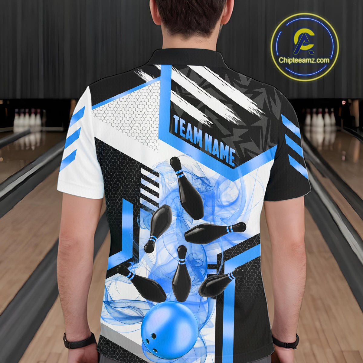 Custom Smoke Bowling Pins Polo & Quarter Zip Shirt For Men, Bowling League Team Jersey |Blue TDM6522