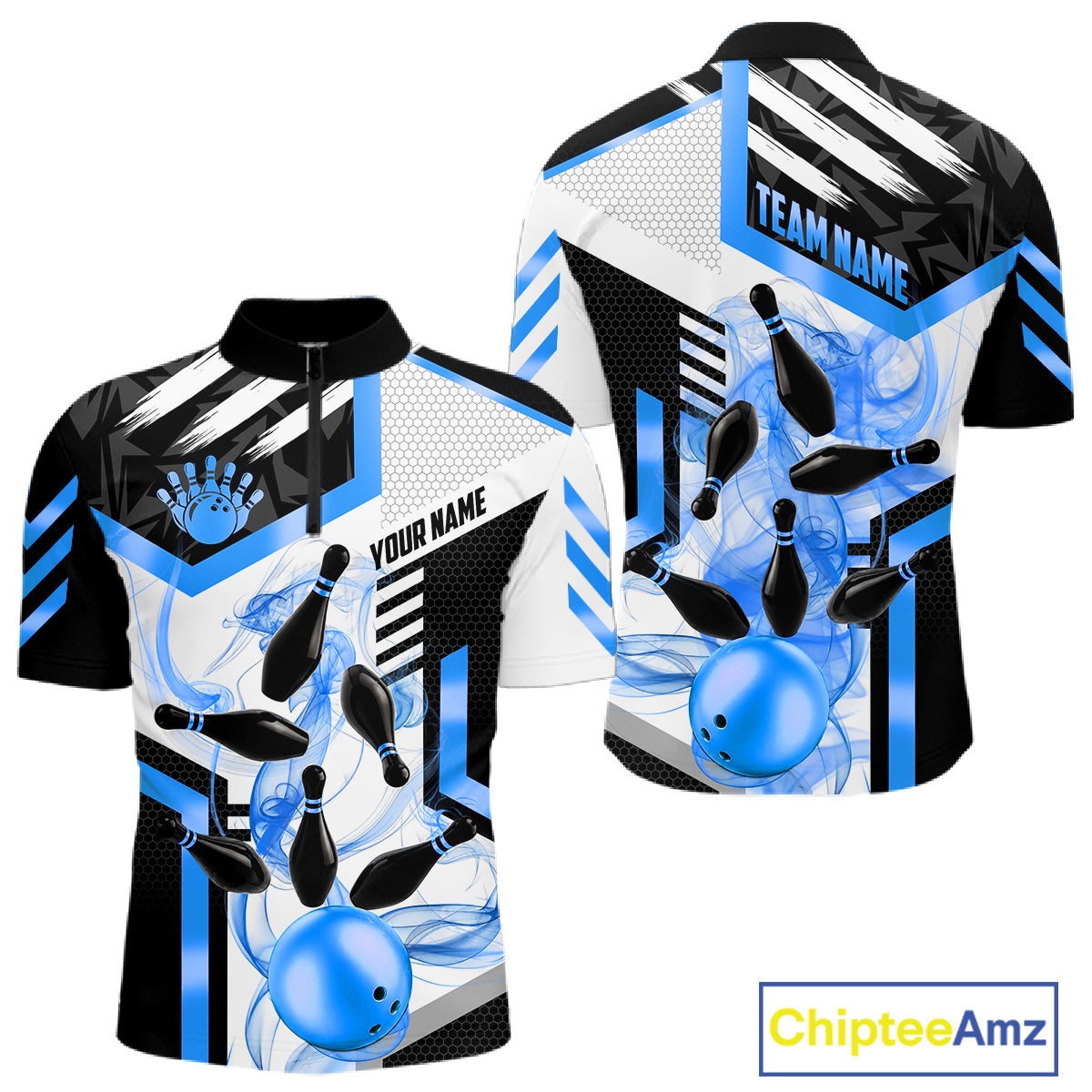 Custom Smoke Bowling Pins Polo & Quarter Zip Shirt For Men, Bowling League Team Jersey |Blue TDM6522