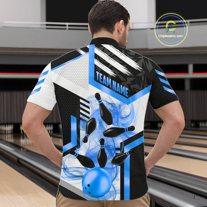 Custom Smoke Bowling Pins Polo & Quarter Zip Shirt For Men, Bowling League Team Jersey |Blue TDM6522