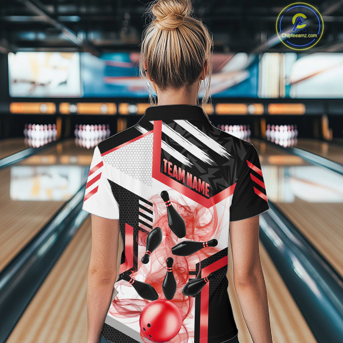 Custom Smoke Bowling Pins Polo & Quarter Zip Shirt For Women, Bowling League Team Jersey |Red TDM6523