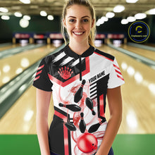 Load image into Gallery viewer, Custom Smoke Bowling Pins Polo &amp; Quarter Zip Shirt For Women, Bowling League Team Jersey |Red TDM6523