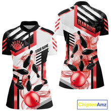 Load image into Gallery viewer, Custom Smoke Bowling Pins Polo &amp; Quarter Zip Shirt For Women, Bowling League Team Jersey |Red TDM6523