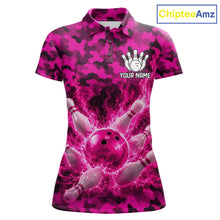 Load image into Gallery viewer, Custom Pink Camo Lightning Flame Bowling Jersey For Women, Bowling Team Shirts Polo &amp; 1/4 Zip TDM6524