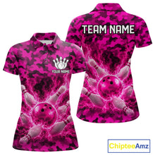 Load image into Gallery viewer, Custom Pink Camo Lightning Flame Bowling Jersey For Women, Bowling Team Shirts Polo &amp; 1/4 Zip TDM6524