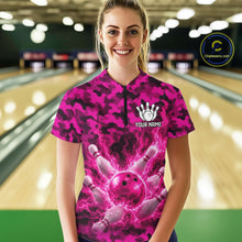 Load image into Gallery viewer, Custom Pink Camo Lightning Flame Bowling Jersey For Women, Bowling Team Shirts Polo &amp; 1/4 Zip TDM6524