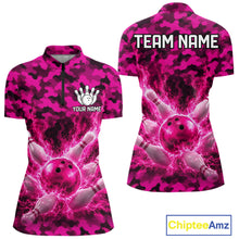 Load image into Gallery viewer, Custom Pink Camo Lightning Flame Bowling Jersey For Women, Bowling Team Shirts Polo &amp; 1/4 Zip TDM6524