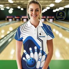 Load image into Gallery viewer, Custom White And Blue Bowling Ball Polo &amp; Quarter Zip For Women, Bowling Team Shirts, Bowling Jersey TDM6525