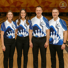 Load image into Gallery viewer, Custom White And Blue Bowling Ball Polo &amp; Quarter Zip For Women, Bowling Team Shirts, Bowling Jersey TDM6525