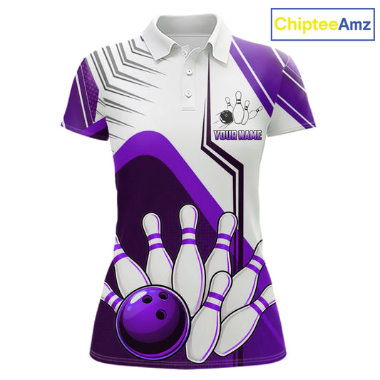 Custom White And Purple Bowling Ball Polo & Quarter Zip For Women, Bowling Team Shirt, Bowling Jersey TDM6527