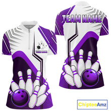 Load image into Gallery viewer, Custom White And Purple Bowling Ball Polo &amp; Quarter Zip For Women, Bowling Team Shirt, Bowling Jersey TDM6527