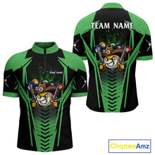 Load image into Gallery viewer, Green 9 ball cowboy billiard quarter zip shirt for men designed for league tournaments and team events.