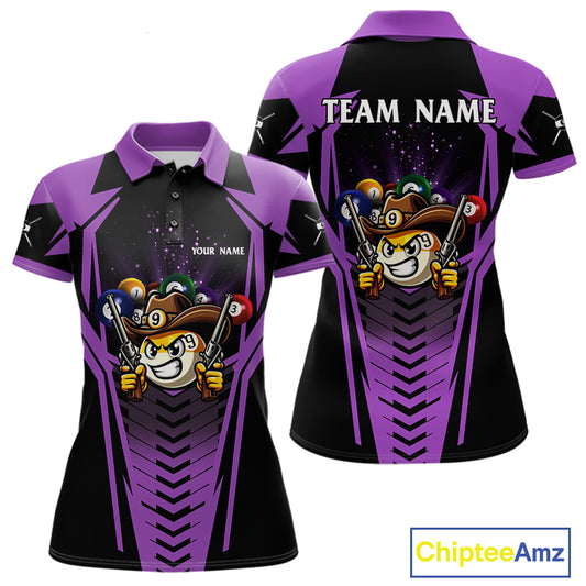 Purple 9 ball cowboy billiard polo shirt for women with funny pool team graphics.