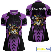 Load image into Gallery viewer, Purple 9 ball cowboy billiard quarter zip shirt for women built for tournaments and league competition.