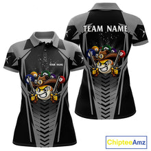 Load image into Gallery viewer, Grey 9 ball cowboy billiard polo shirt for women with funny pool team graphics.