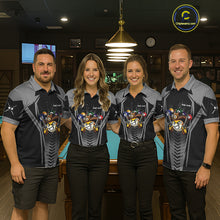 Load image into Gallery viewer, Pool team wearing matching grey 9 ball cowboy billiard jerseys during tournament competition front view.
