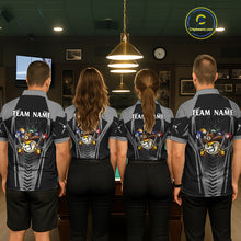 Load image into Gallery viewer, Back view of pool players wearing matching grey cowboy billiard shirts in a game room.