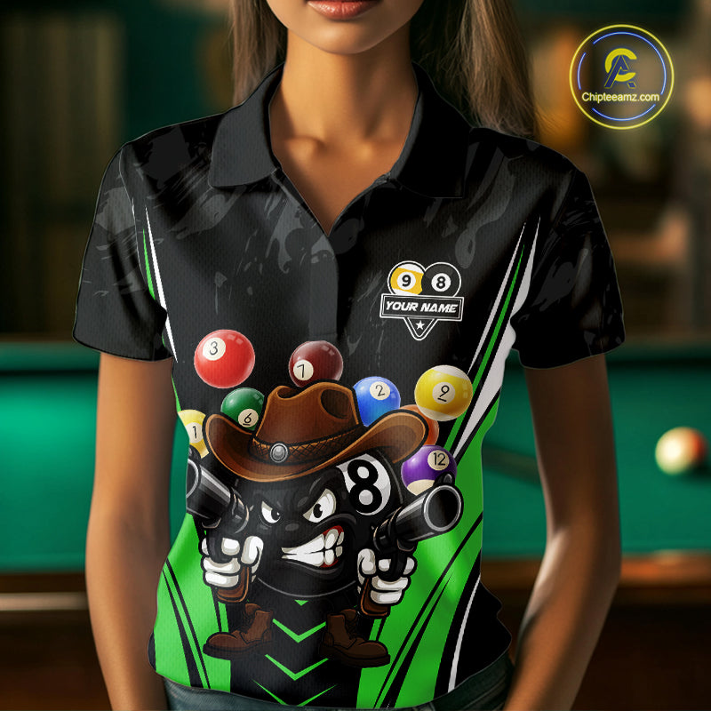 Woman wearing a black and green 8 ball and 9 ball billiard jersey beside a pool table front view.