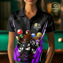 Load image into Gallery viewer, Woman wearing a black and purple 8 ball and 9 ball billiard jersey beside a pool table front view.