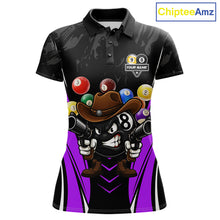Load image into Gallery viewer, Black and purple 8 ball and 9 ball billiard polo shirt for women with custom pool team graphics.