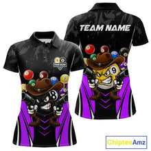 Load image into Gallery viewer, Black and purple 8 ball and 9 ball billiard polo shirt for women with custom pool team graphics.
