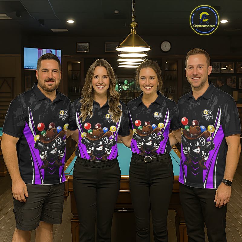 Pool team wearing matching black and purple 8 ball and 9 ball billiard jerseys during league competition front view.