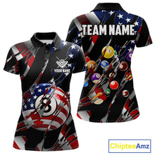 Load image into Gallery viewer, American flag 8 ball pool billiard polo shirt for women with patriotic pool team graphics.