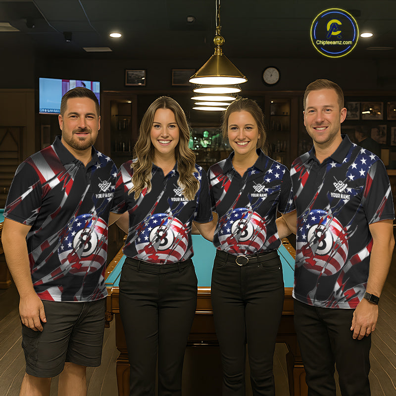 Pool team wearing matching American flag 8 ball billiard jerseys during tournament competition front view.