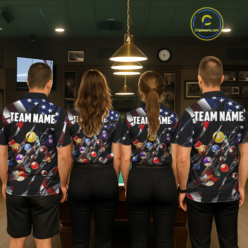 Back view of pool players wearing matching patriotic 8 ball pool shirts in a game room.