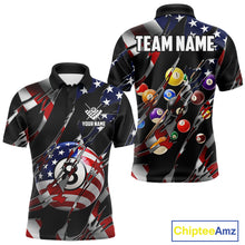 Load image into Gallery viewer, American flag 8 ball pool billiard polo shirt for men with patriotic pool team graphics.