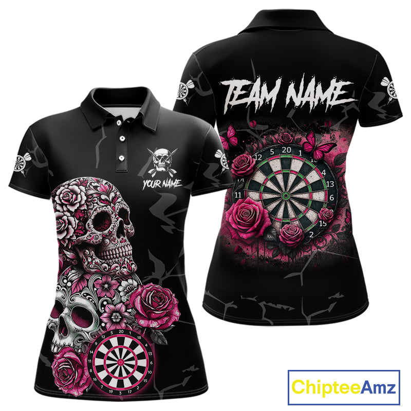 Personalized Pink Funny Skull Roses Darts Shirt For Women Custom Darts Team Jersey, Darts Outfit TDM4354