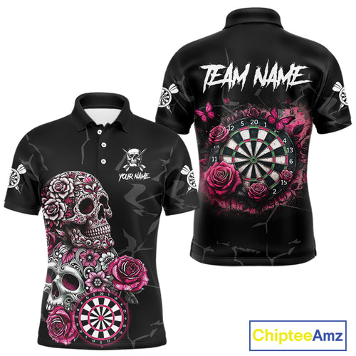 Personalized Pink Funny Skull Roses Darts Shirt For Men Custom Darts Team Jersey, Darts Outfit TDM4354