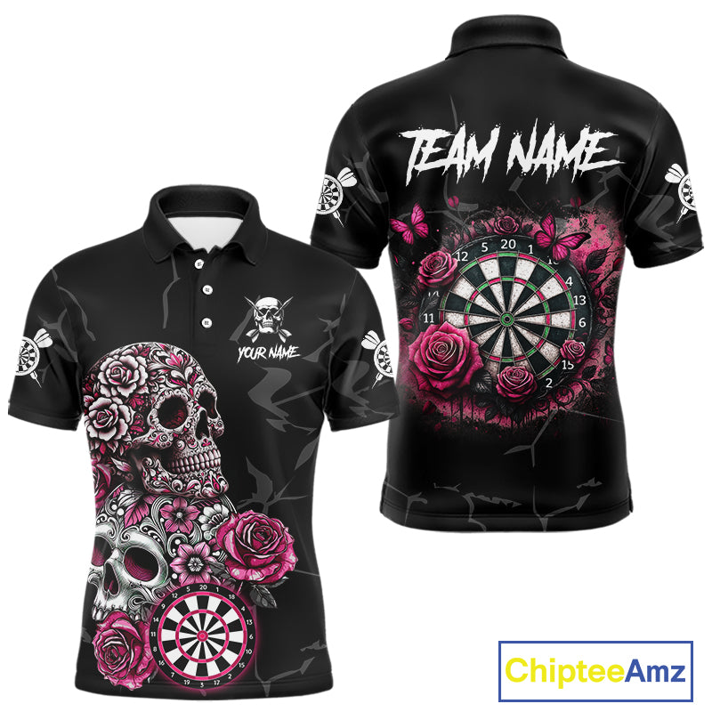 Personalized Pink Funny Skull Roses Darts Shirt For Men Custom Darts Team Jersey, Darts Outfit TDM4354