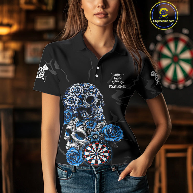 Personalized Blue Funny Skull Roses Darts Shirt For Women Custom Darts Team Jersey, Darts Outfit TDM4355