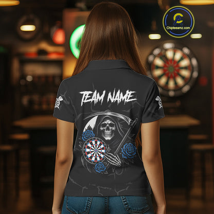 Personalized Blue Funny Skull Roses Darts Shirt For Women Custom Darts Team Jersey, Darts Outfit TDM4355