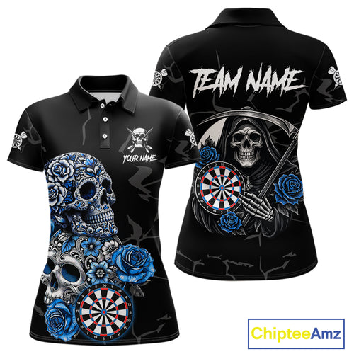 Personalized Blue Funny Skull Roses Darts Shirt For Women Custom Darts Team Jersey, Darts Outfit TDM4355