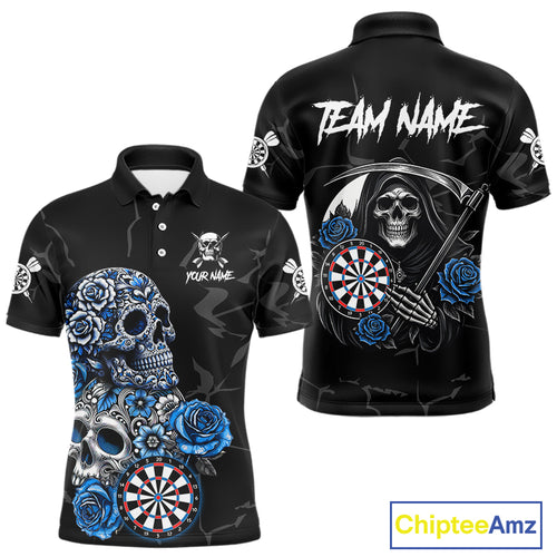 Personalized Blue Funny Skull Roses Darts Shirt For Men Custom Darts Team Jersey, Darts Outfit TDM4355