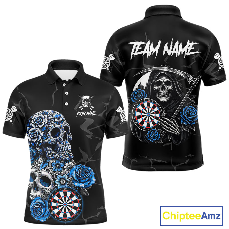 Personalized Blue Funny Skull Roses Darts Shirt For Men Custom Darts Team Jersey, Darts Outfit TDM4355