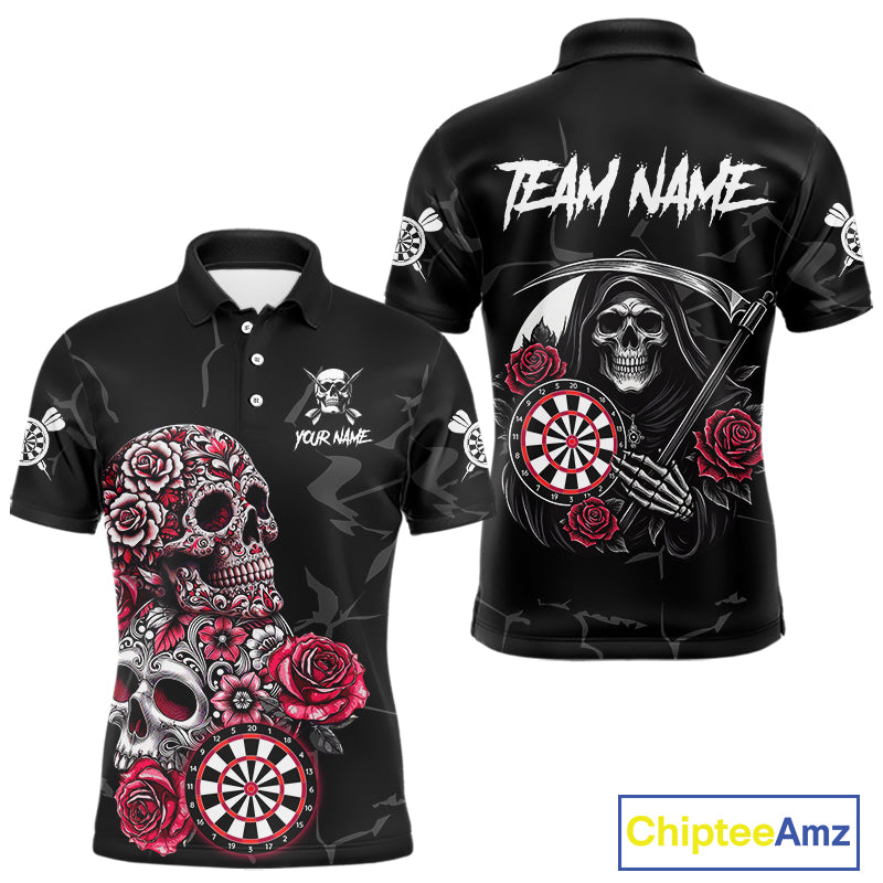 Personalized Red Funny Skull Roses Darts Shirt For Men Custom Darts Team Jersey, Darts Outfit TDM4356