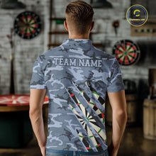 Load image into Gallery viewer, Man wearing personalized blue military camo darts league team jersey polo shirt featuring blue military camouflage artwork, back view.