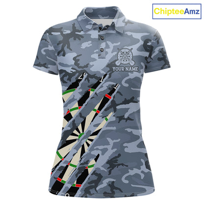 Personalized blue military camo darts league team jersey polo shirt for women featuring blue camouflage artwork, premium custom darts league apparel for tournaments and competitive teams.
