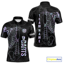 Load image into Gallery viewer, Personalized holographic funny skeleton darts team jersey polo shirt for men featuring vibrant holographic skeleton artwork, premium custom darts league apparel and unique darts gifts.