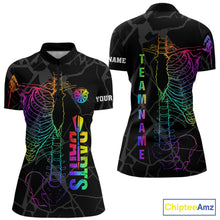 Load image into Gallery viewer, Colorful rainbow funny skeleton darts team jersey quarter zip shirt for women featuring colorful rainbow skeleton artwork, premium custom darts apparel.