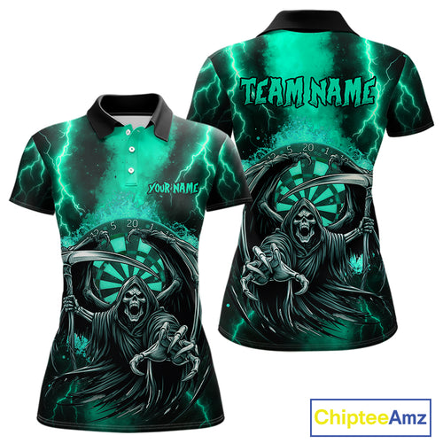 Personalized Turquoise Grim Reaper Thunder Lightning Darts Shirt For Women, 3D Darts Team Jerseys TDM4589
