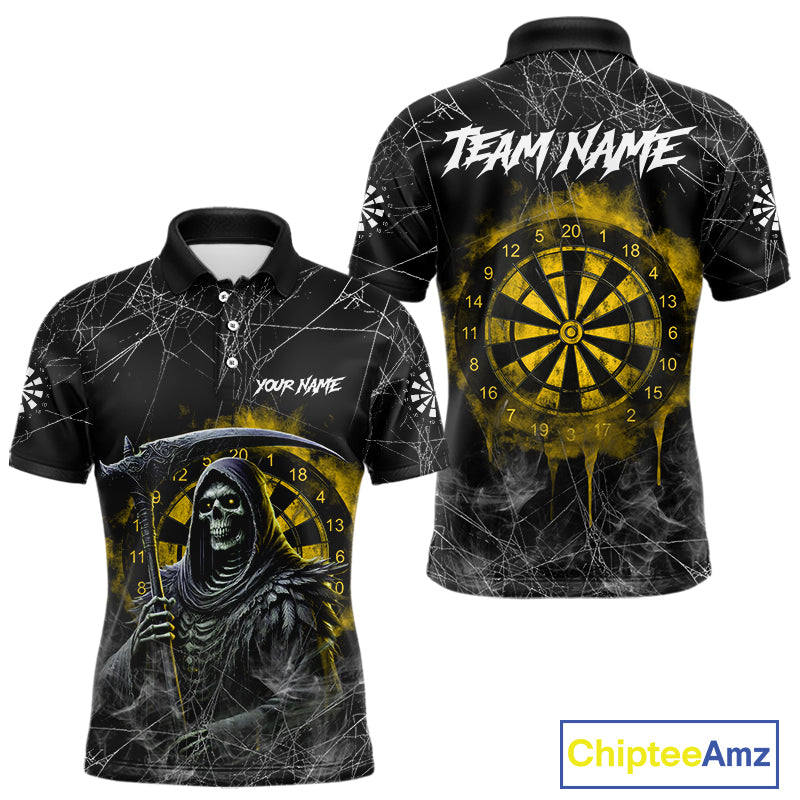 Black And Yellow Smoke Grim Reaper Dart Shirts For Men Custom Halloween Darts Jersey Outfit TDM4591