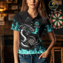 Load image into Gallery viewer, Personalized Turquoise Flaming Dragon Darts Shirt For Women Custom Darts Team Jersey Polo &amp; 1/4 Zip TDM4592